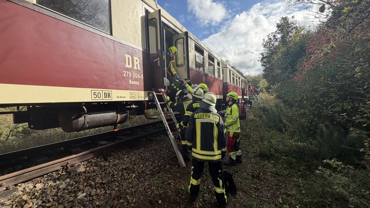 Bei einer Großübung auf der Buckower Kleinbahn retten Feuerwehr und Rettungsdienst nahe Müncheberg Verletzte aus einem Zug. Laut Szenario sind zwei Züge zusammengestoßen.
