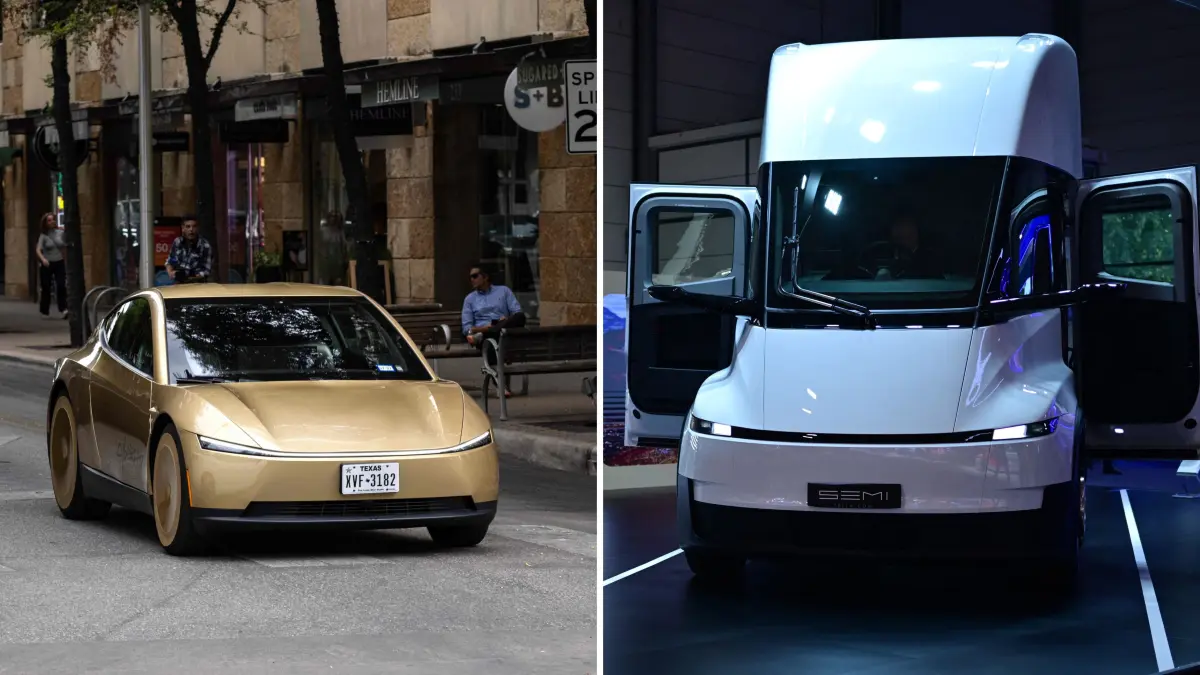 Ein Fall für die Fabrik in Grünheide? Ein Tesla-Cybercab unterwegs in Austin und ein Tesla Semi Truck bei einer Messe in Hannover..