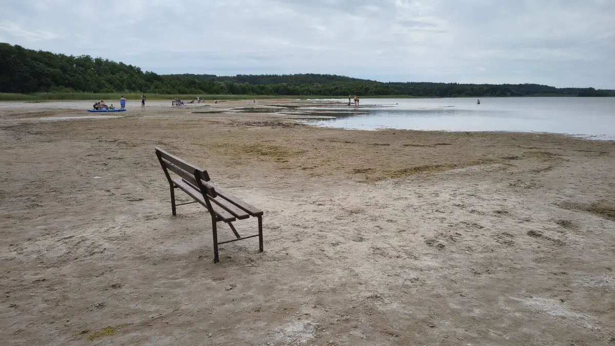 Sandbank am Parsteinsee. So sah es hier im Juli 2026 an der öffentlichen Badestelle aus. Der zurückgehende Wasserspiegel ist am Ufer deutlich erkennbar.