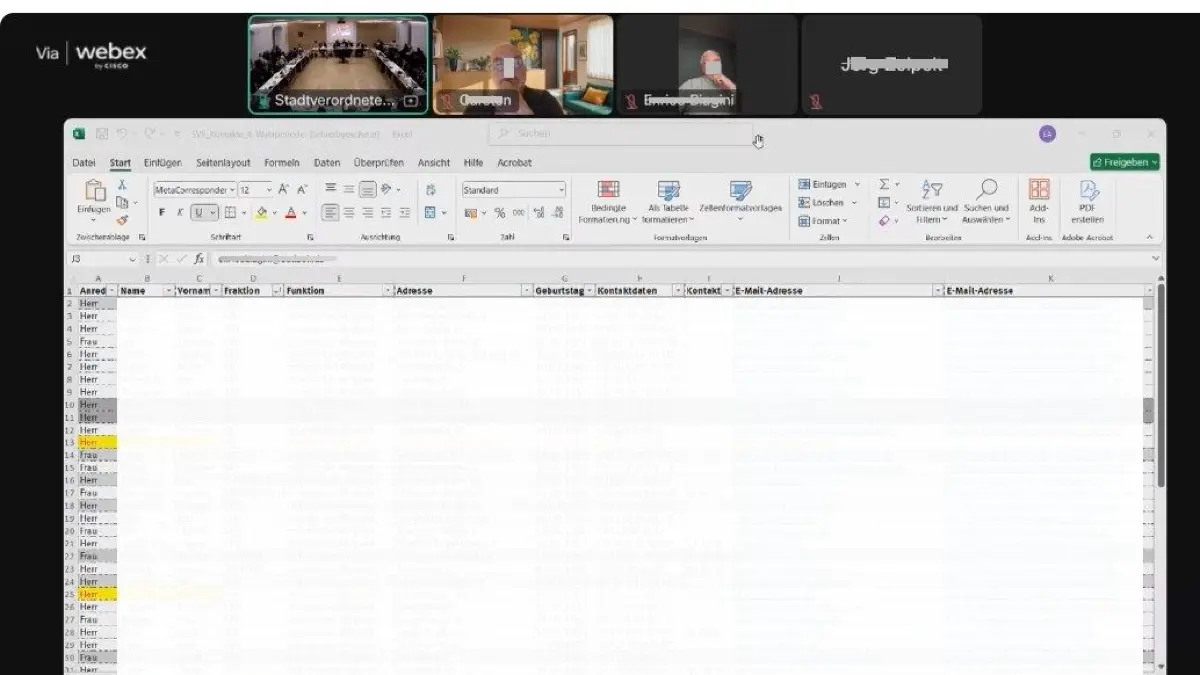 Hier gepixelt, im Livestream in Fürstenwalde ungepixelt: eine Liste aller Stadtverordneten mit Anschrift, Telefonnummern und Mailadressen.