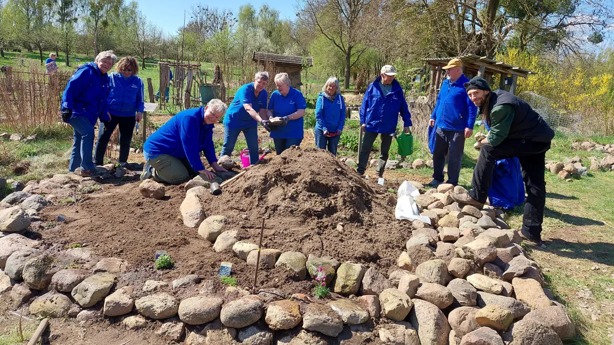Im Naturgarten der Blumberger Mühle in Angermünde bauen Senioren ehrenamtlich eine Schmetterlingsspirale. Sie gehört zum neuen Lehr- und Schaugarten.