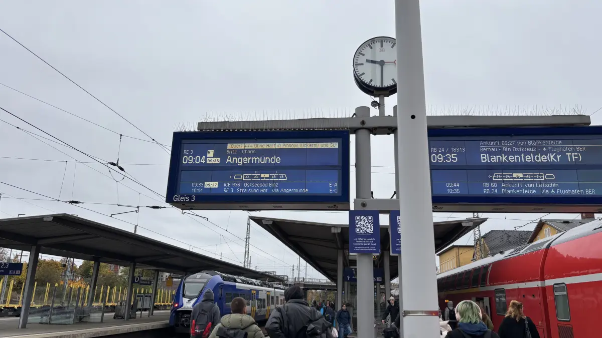 Verspätungen und Ausfälle werden am Bahnhof Eberswalde angezeigt. Nach einem Wildunfall wurde der morgendliche Zug aus Berlin über Lichtenberg umgeleitet. Der Zug fuhr dann nur noch nach Angermünde.