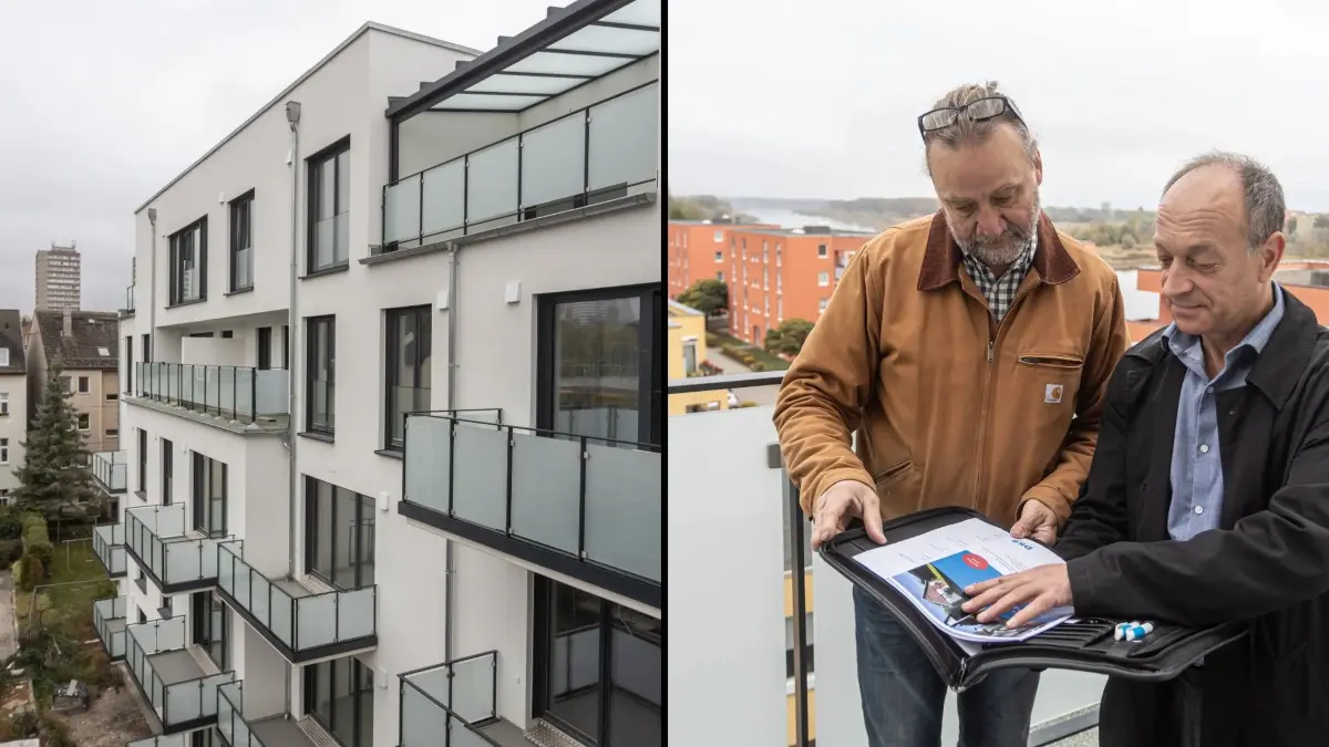In der Wohnanlage "Am Graben" sollen bereits in diesem Jahr die ersten Wohnungen übergeben werden. Bauherr Armin Gebauer (l.) bespricht mit Vertriebsexperte Uwe Wenzlaff auf einem der Balkone die Unterlagen für die Wohnung.