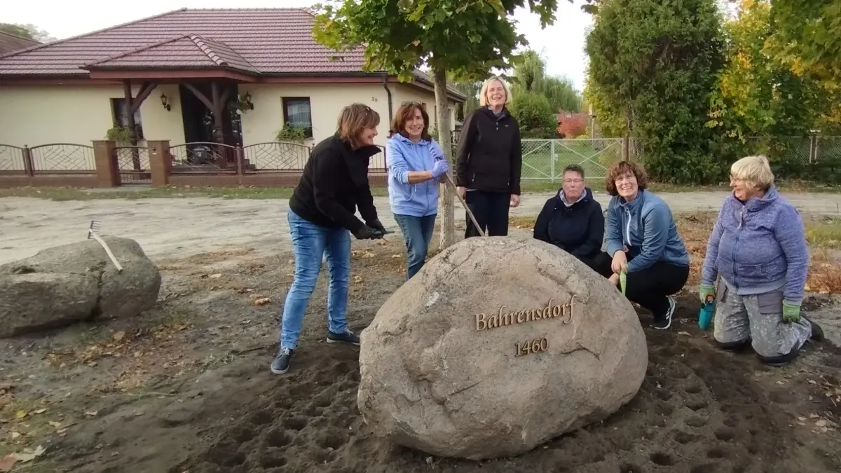 Heidrun Sakrenz (2. v. l.) und ihre Mitstreiterinnen Gabriela Leity, Carola Kampioni-Wiesner, Manuela Winter, Anke Wiemer und Kerstin Silbernagel pflanzen in Bahrensdorf Tausende Blumenzwiebeln. Im Frühjahr soll es rund um den Findling in der Bahrensdorfer Straße bunt blühen – auch als Nahrungsquelle für Insekten.