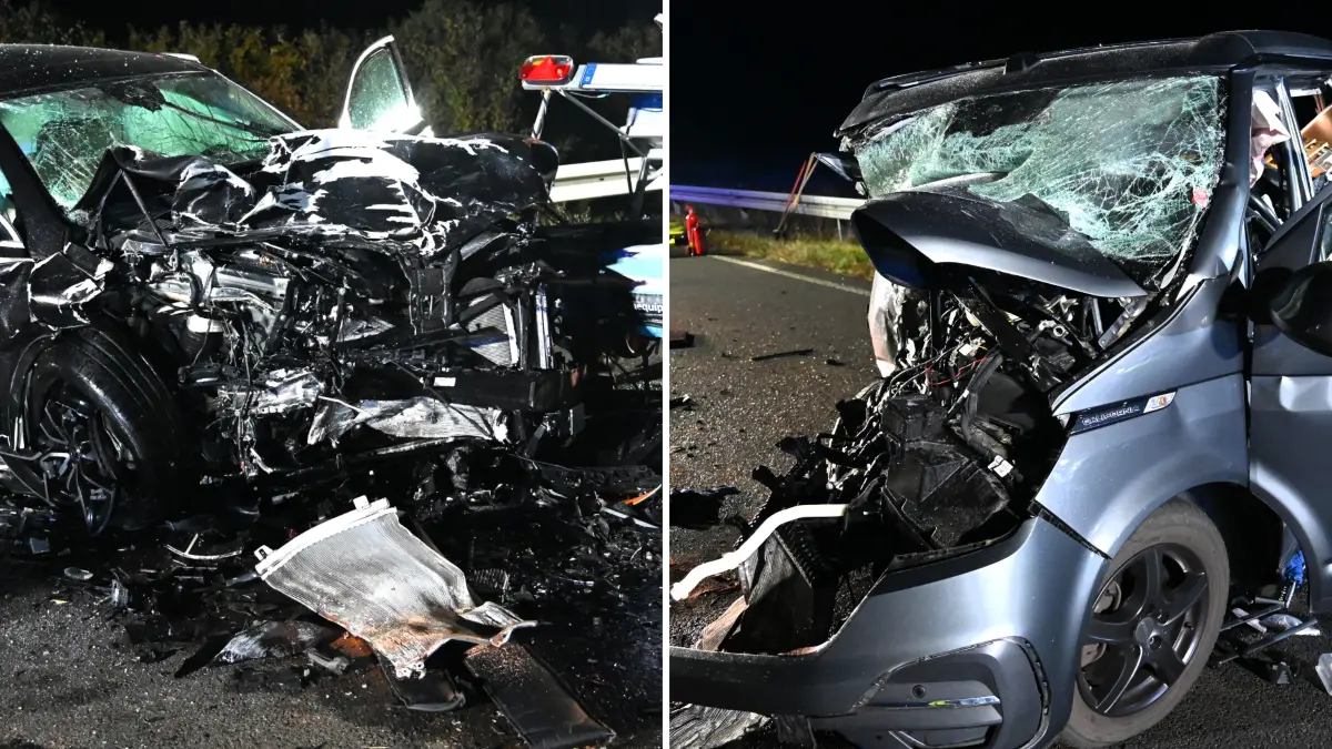 Müllrose. Unfall auf der B87 zwischen Müllrose und der Abfahrt Grunow/Mixdorf am 20.10.2026. Ein Pkw Mercedes Limousine und ein Wohnmobil VW California sind gegen 18 Uhr frontal zusammengestoßen. Foto: BLP/Sappeck