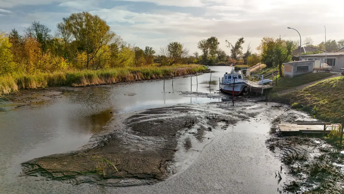 Holzhafen: Schwedt, 26.10.2026: Innerhalb einer Woche sank der Wasserspiegel der HoFriWa in Schwedt aufgrund der Windverhältnisse um knapp einen Meter und offenbart die tatsächliche Verschlammung des Schwedter Holzhafens, dem Domizil der Seeportsportler.